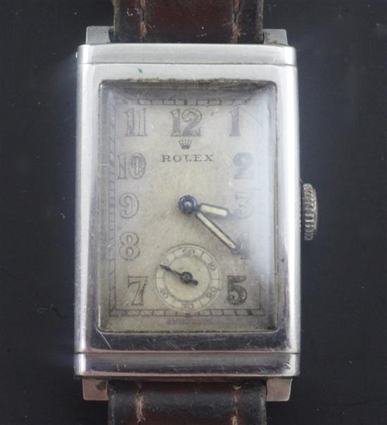 A gentlemans 1930s stainless steel Rolex manual wind wrist watch,